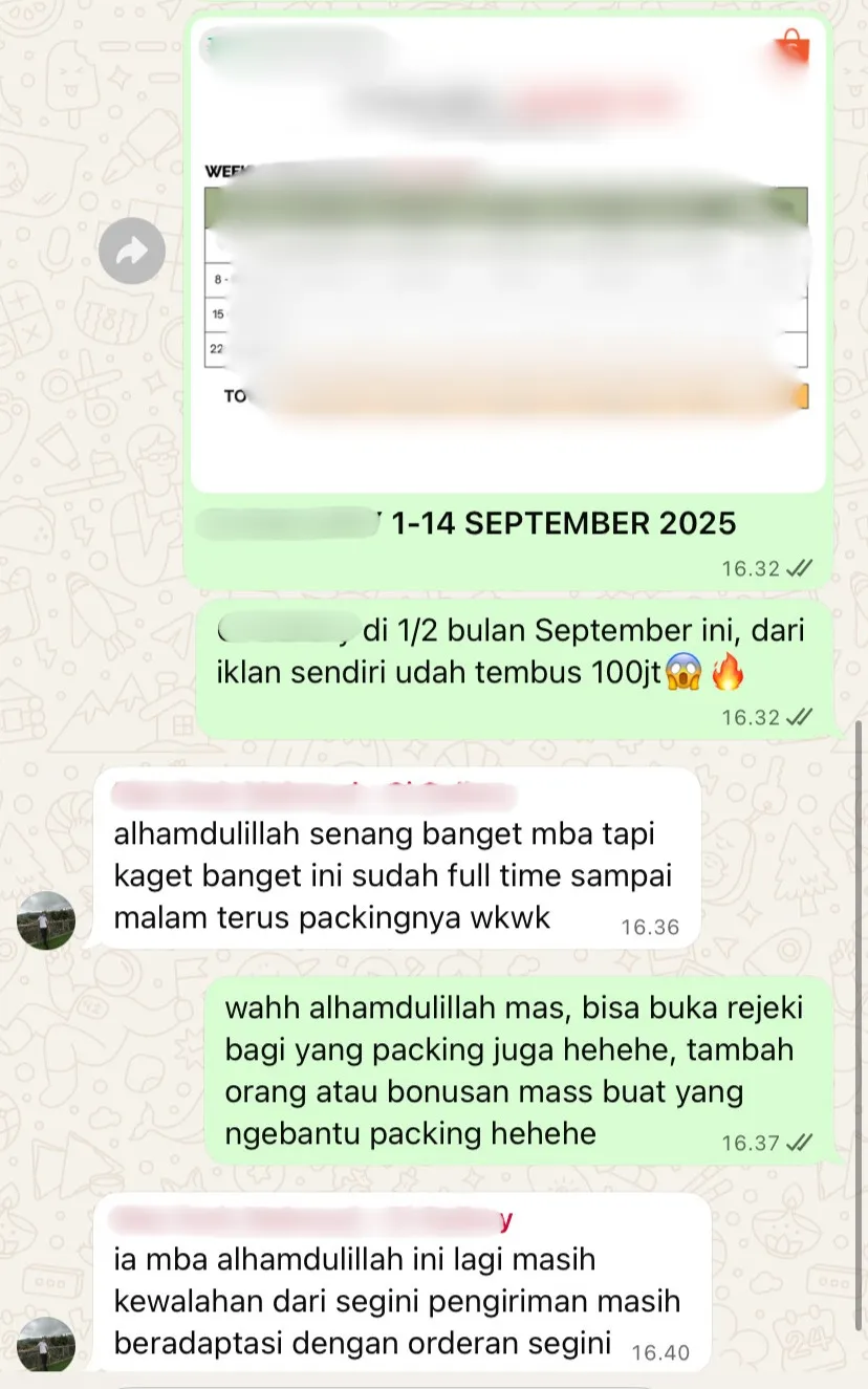 WhatsApp message from a client whose ad-driven sales passed Rp100 million in the first half of September